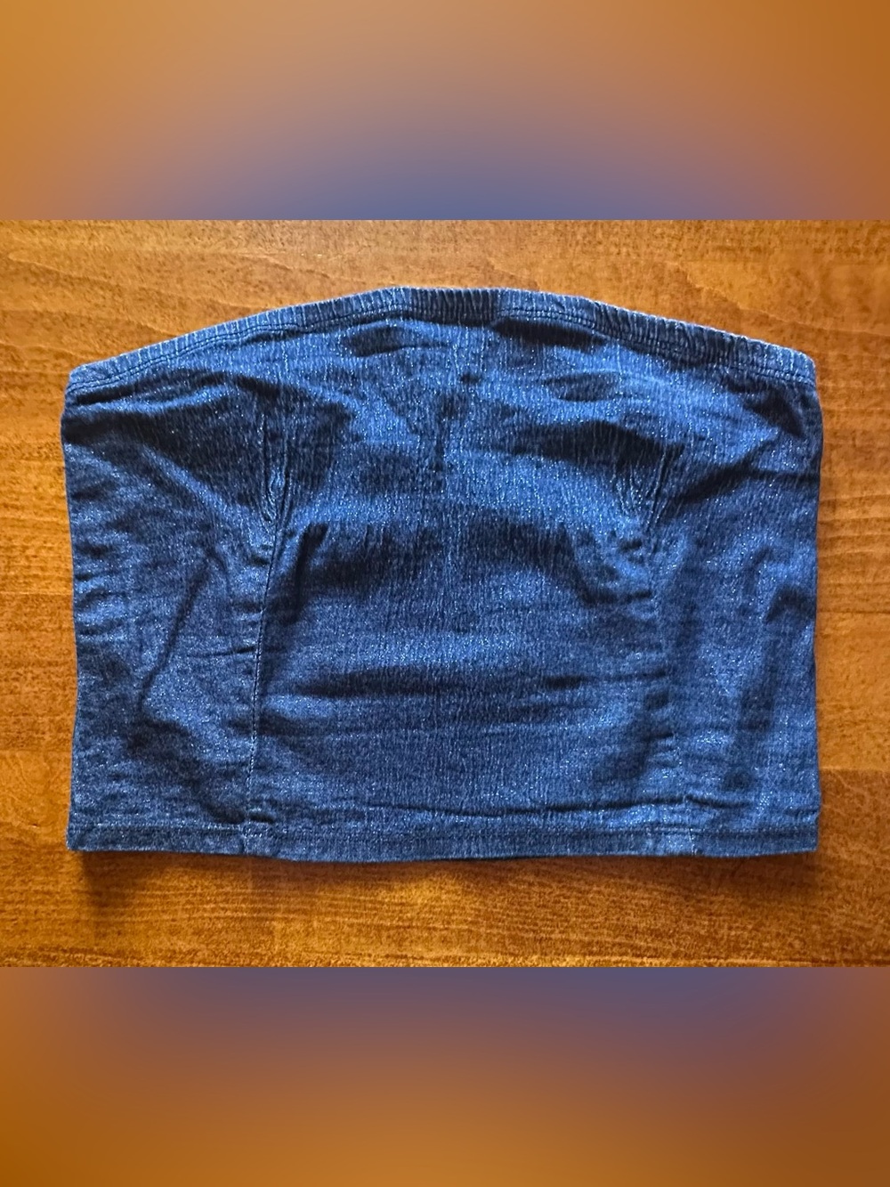Blue Asphalt•denim bandeau/tube top•medium•cotton•blue•stretch•jean•crop•sparkle